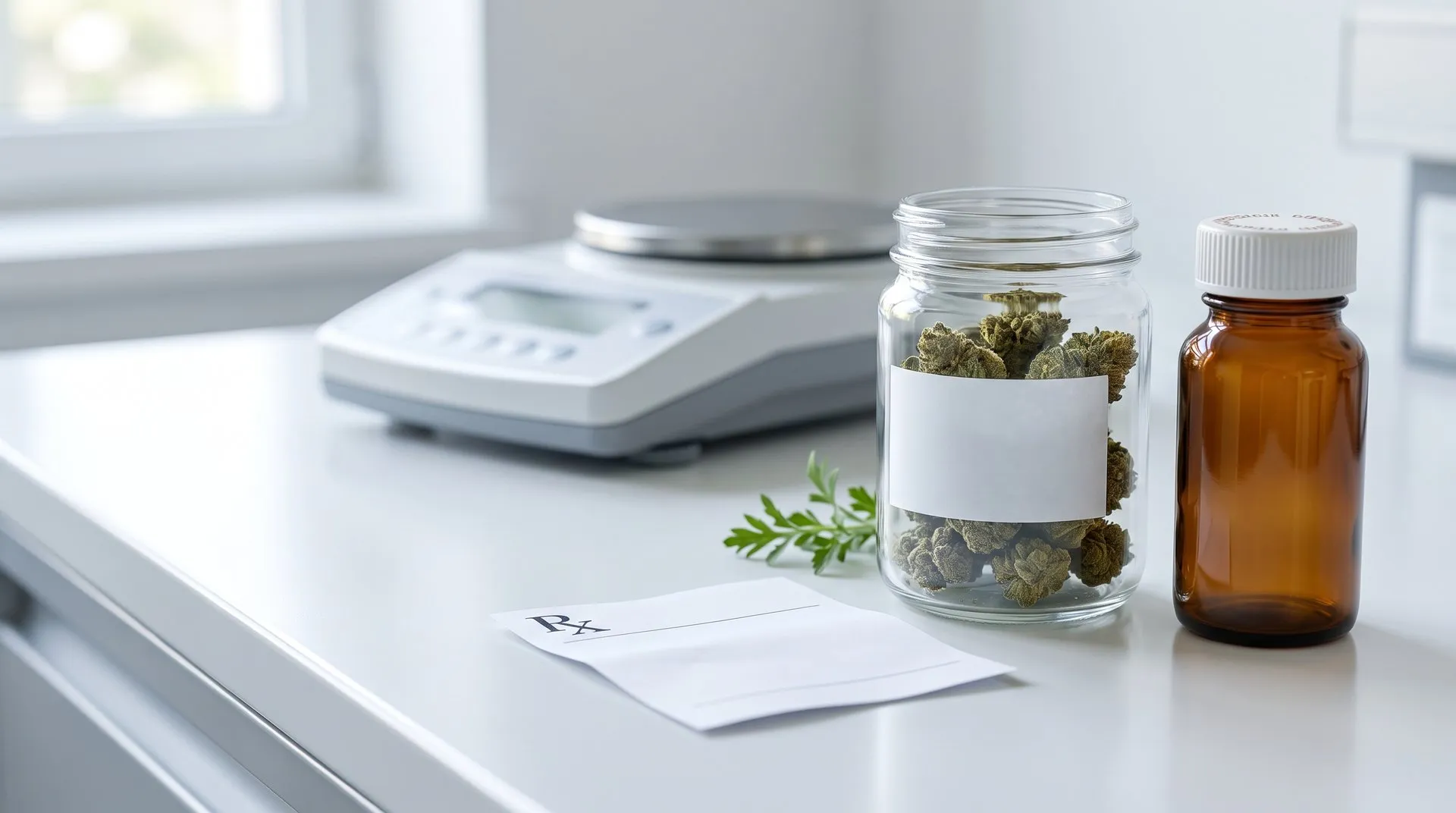 Medizinalcannabis-Blüten im Apothekenglas mit Rezept, Braunglasflasche und Präzisionswaage