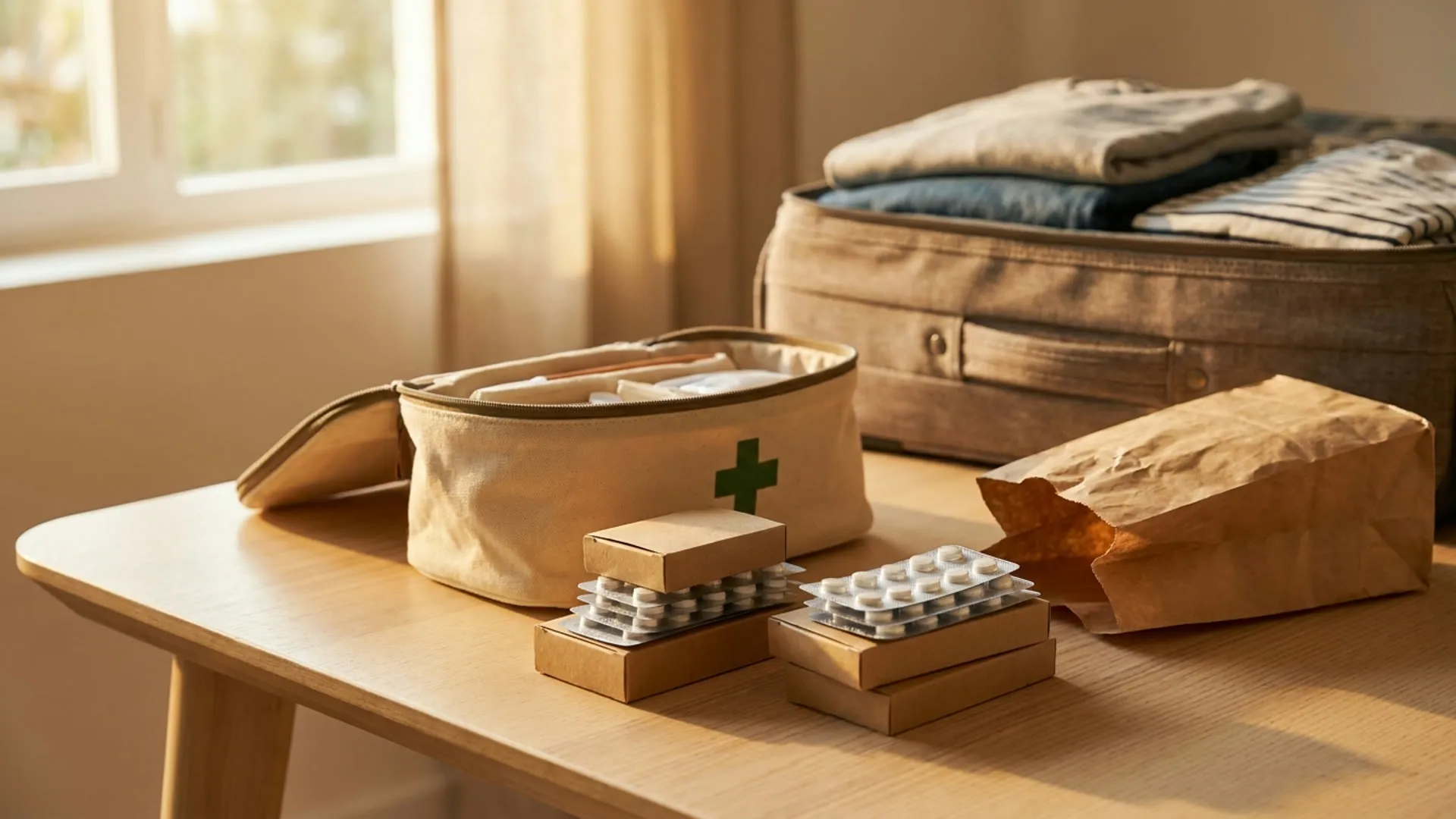 Geöffnete Reiseapotheke mit sortierten Medikamentenschachteln und Blistern neben einem halb ausgepackten Koffer