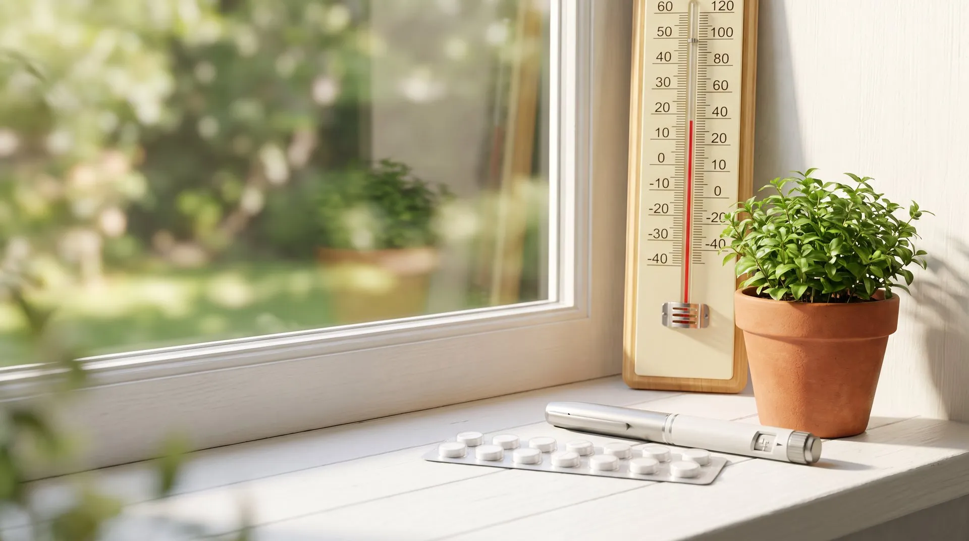 Medikamente, Insulin-Pen und Thermometer auf einer sonnigen Fensterbank