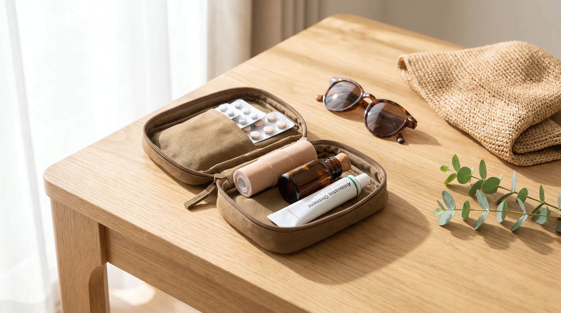 Geöffnete Reiseapotheke-Tasche mit Medikamenten, Pflaster, Sonnenbrille und Sonnenhut