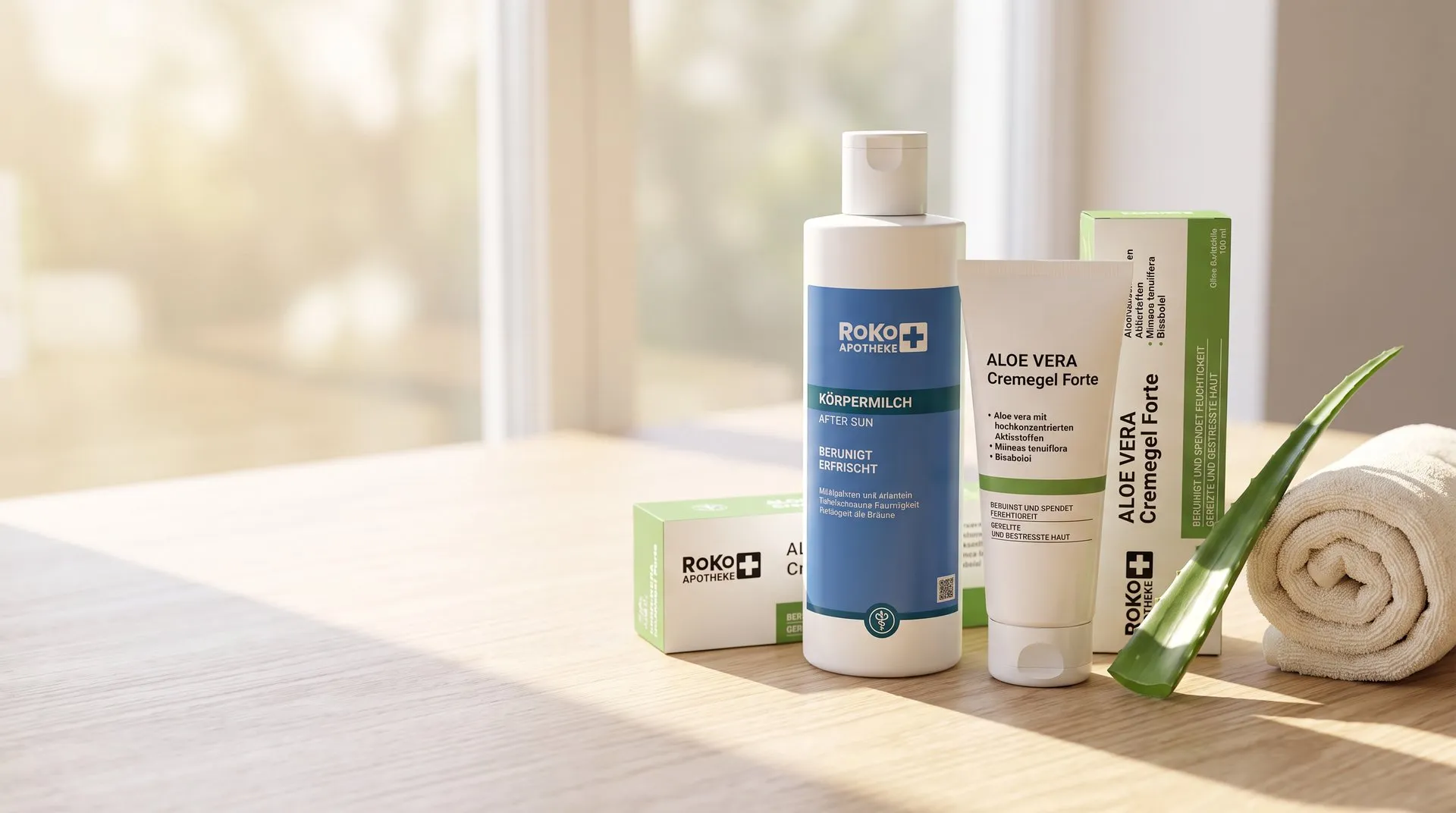 RoKo-Eigenmarke Körpermilch After Sun und Aloe Vera Cremegel mit frischem Aloe-vera-Blatt und Handtuch auf einem sonnigen Holztisch