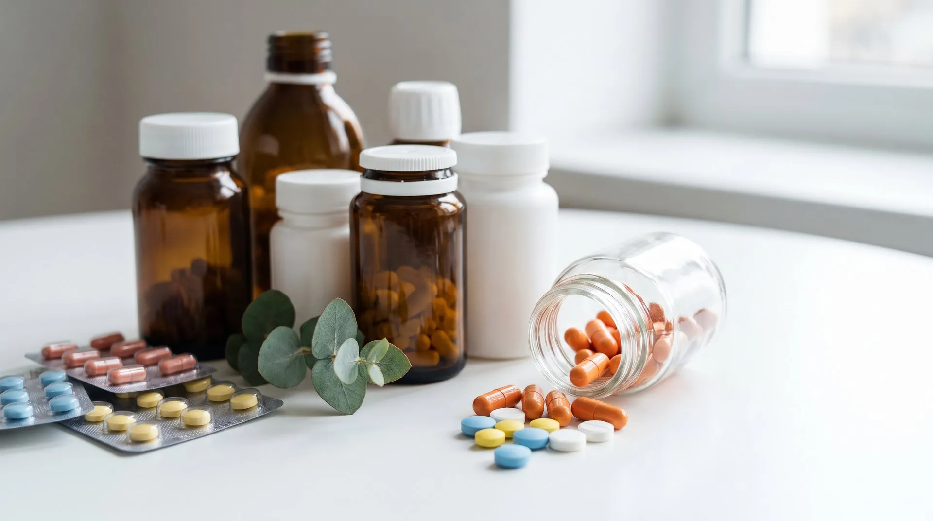 Verschiedene Medikamentenflaschen, Blister und bunte Tabletten auf hellem Tisch