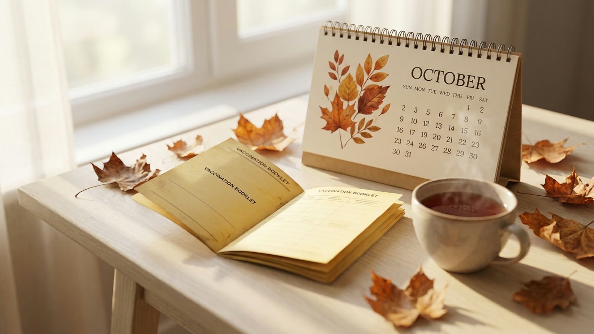 Impfpass und Oktoberkalender auf einem Tisch mit Herbstlaub